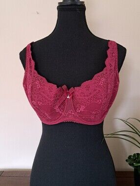 Charnos Bra Red Lace Feminine Womens Size 38D Floral Delicate Lingerie Burgandy